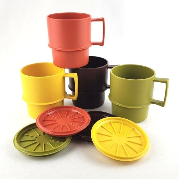 Tupperware Vintage Harvest Colours 4 Stackable Cups #1312  & Coasters #1313 - Picture 1 of 11
